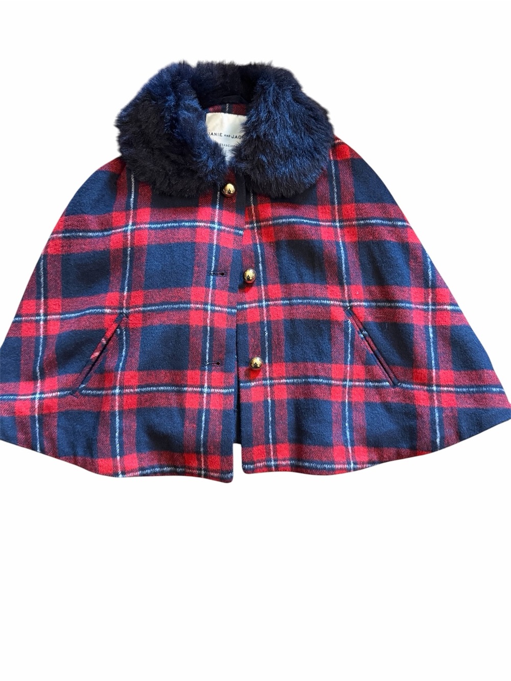 Janie and Jack Red and Navy Plaid Cape with Faux Fur Collar